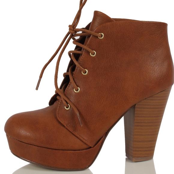 Shoes - Tan Faux Leather Lace Up Platform Stack Block Heel